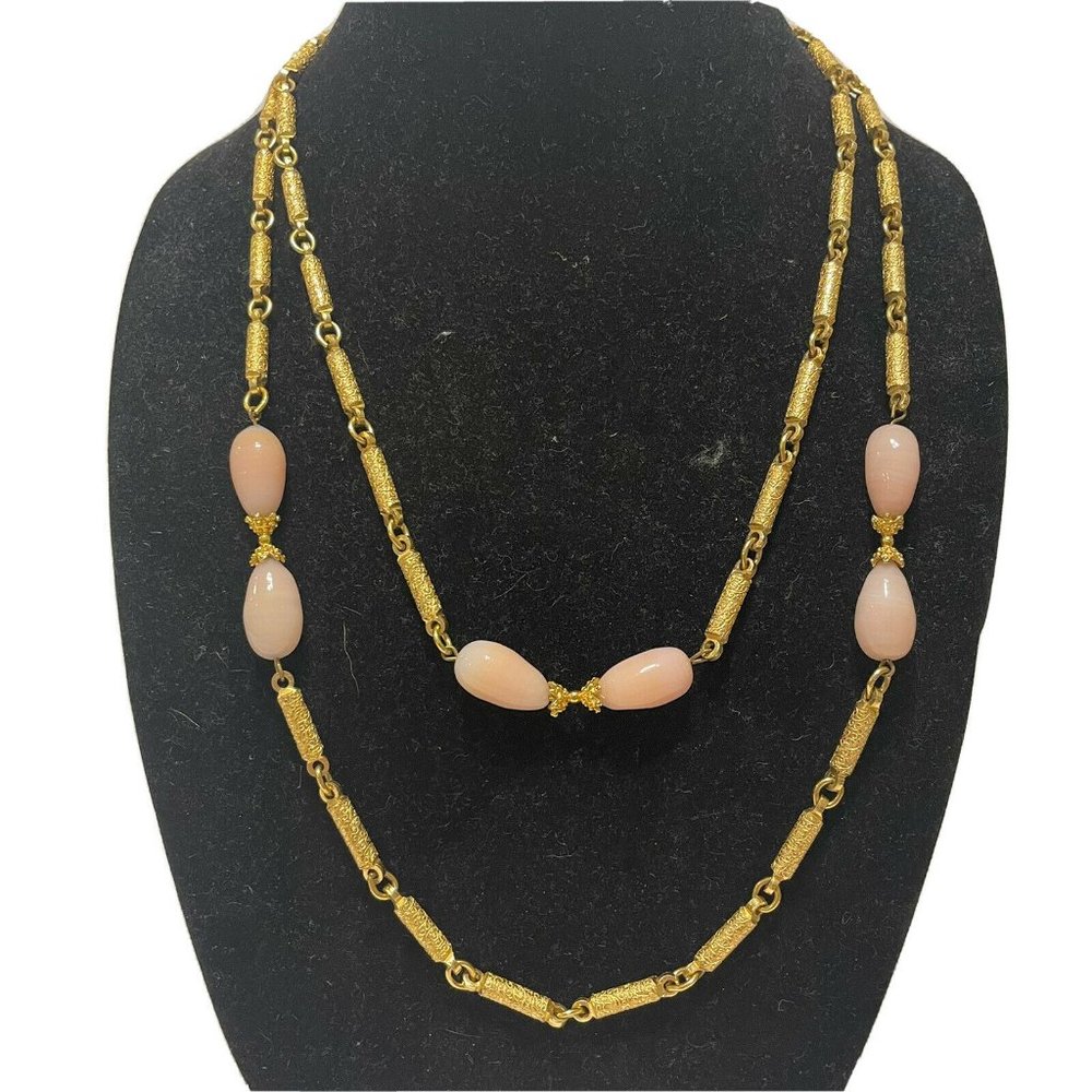 48” long shiny gold tone Chain necklace slipover pink stone spacers